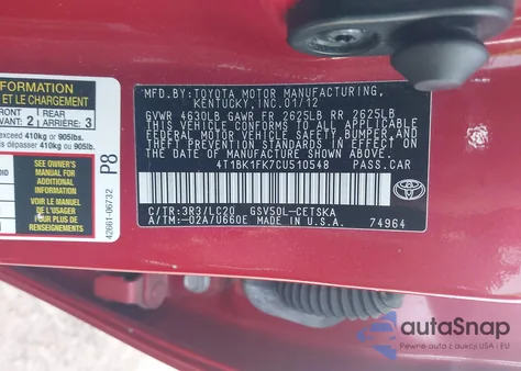 2012 Toyota Camry Se V6 z USA, uszkodzony, nr VIN 4T1BK1FK7CU510548